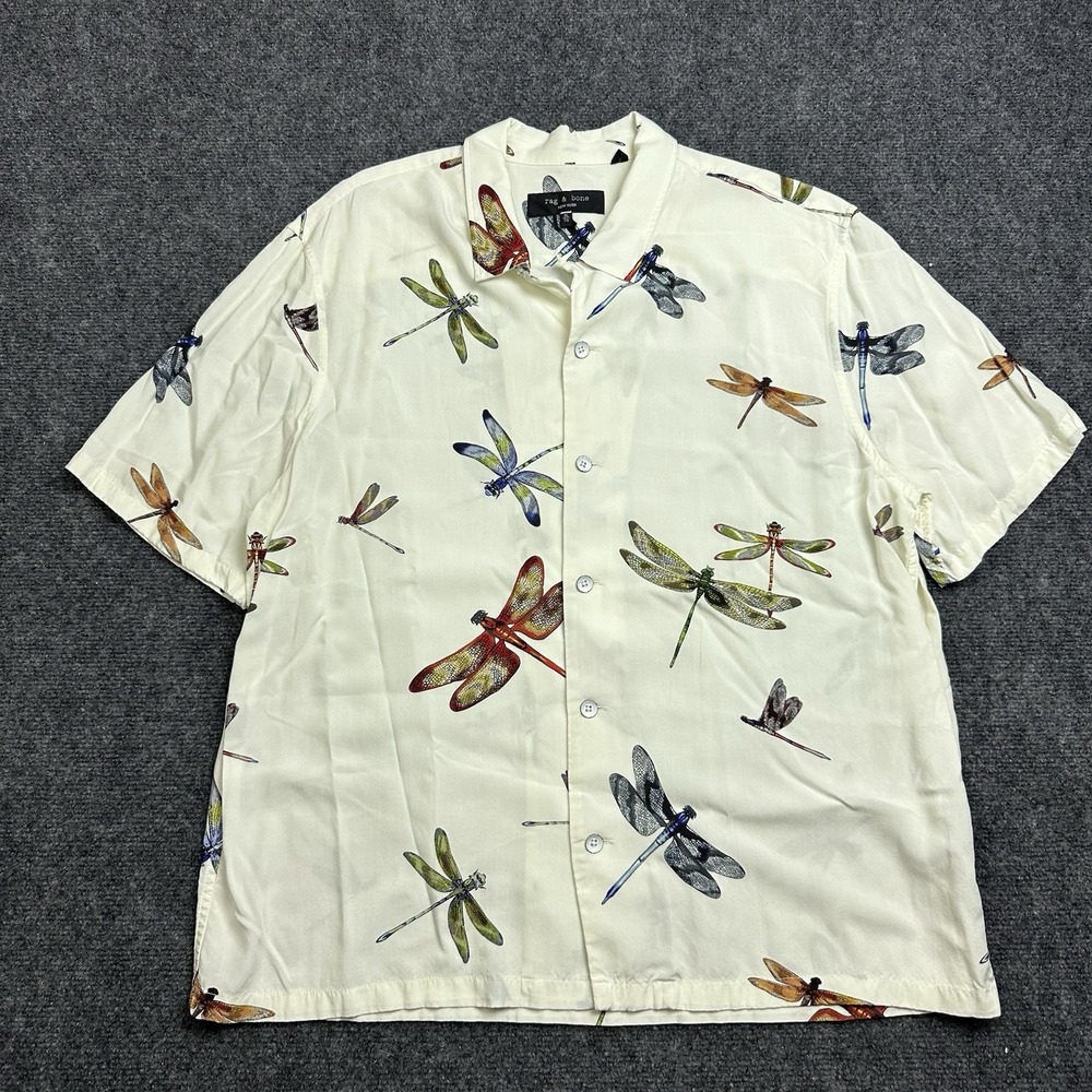 Rag & Bone Mens Blouse Button Up Off White Animal Print Collared Viscose Size XL